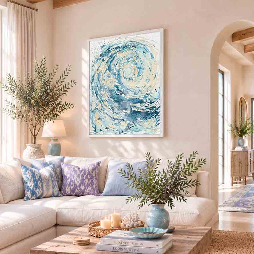 ‘Wave I’ - swirling blue and cream wave artwork on canvas, coastal living room wall art by Kate Shephard Art.