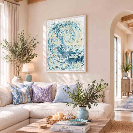 ‘Wave I’ - swirling blue and cream wave artwork on canvas, coastal living room wall art by Kate Shephard Art.