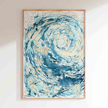 ‘Wave I’ - Blue abstract wave art print with soft ocean blues and sandy creams, inspired by the Dorset coast.