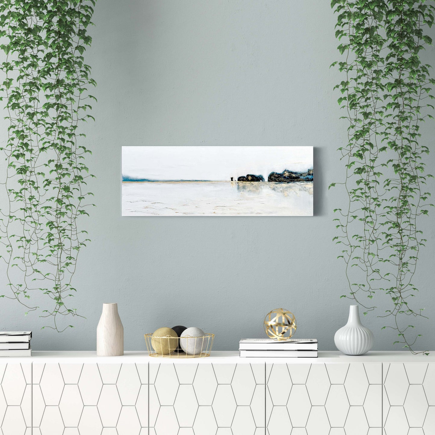 'Old Harry Reflections' - Panoramic Dorset seascape painting hung above a sideboard, deep indigo and gold coastal art.