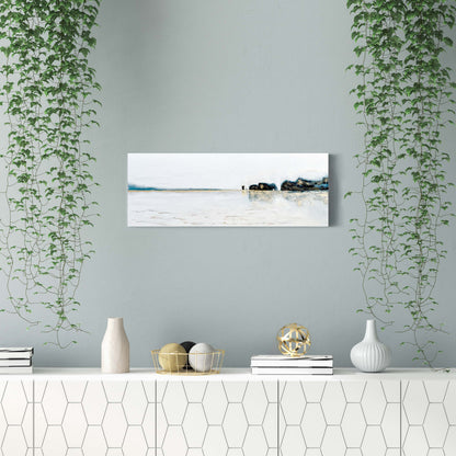 'Old Harry Reflections' - Panoramic Dorset seascape painting hung above a sideboard, deep indigo and gold coastal art.
