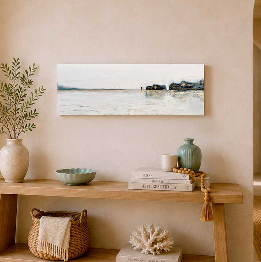'Old Harry Reflections' - Minimalist Jurassic Coast painting in deep indigo and warm gold, Old Harry Rocks wall art.