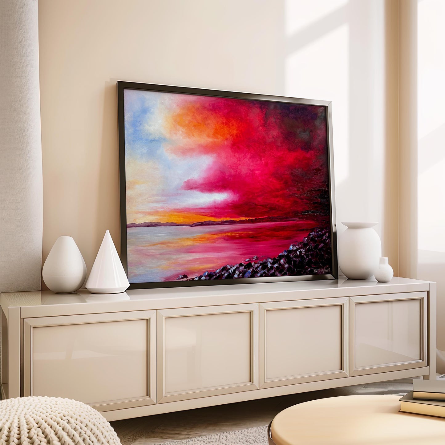 'Breaking Through' - Original oil painting of a dramatic red and crimson sunset sky breaking over Poole Harbour from Whitecliffe Park, Dorset, by Kate Shephard Art.
