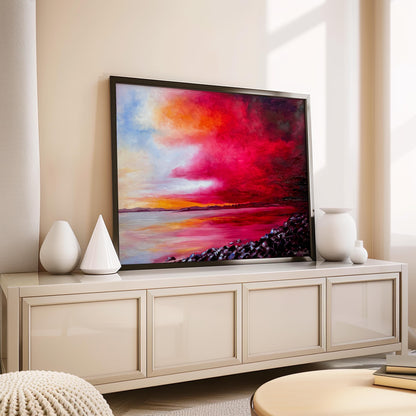 'Breaking Through' - Original oil painting of a dramatic red and crimson sunset sky breaking over Poole Harbour from Whitecliffe Park, Dorset, by Kate Shephard Art.