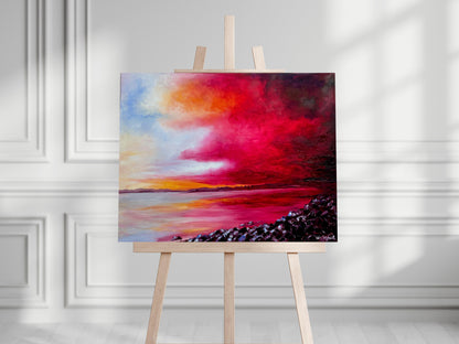 'Breaking Through' - Expressive original oil painting capturing fiery reds, warm orange and deep crimson clouds reflected across the still waters of Poole Harbour at sunset, by Kate Shephard Art.