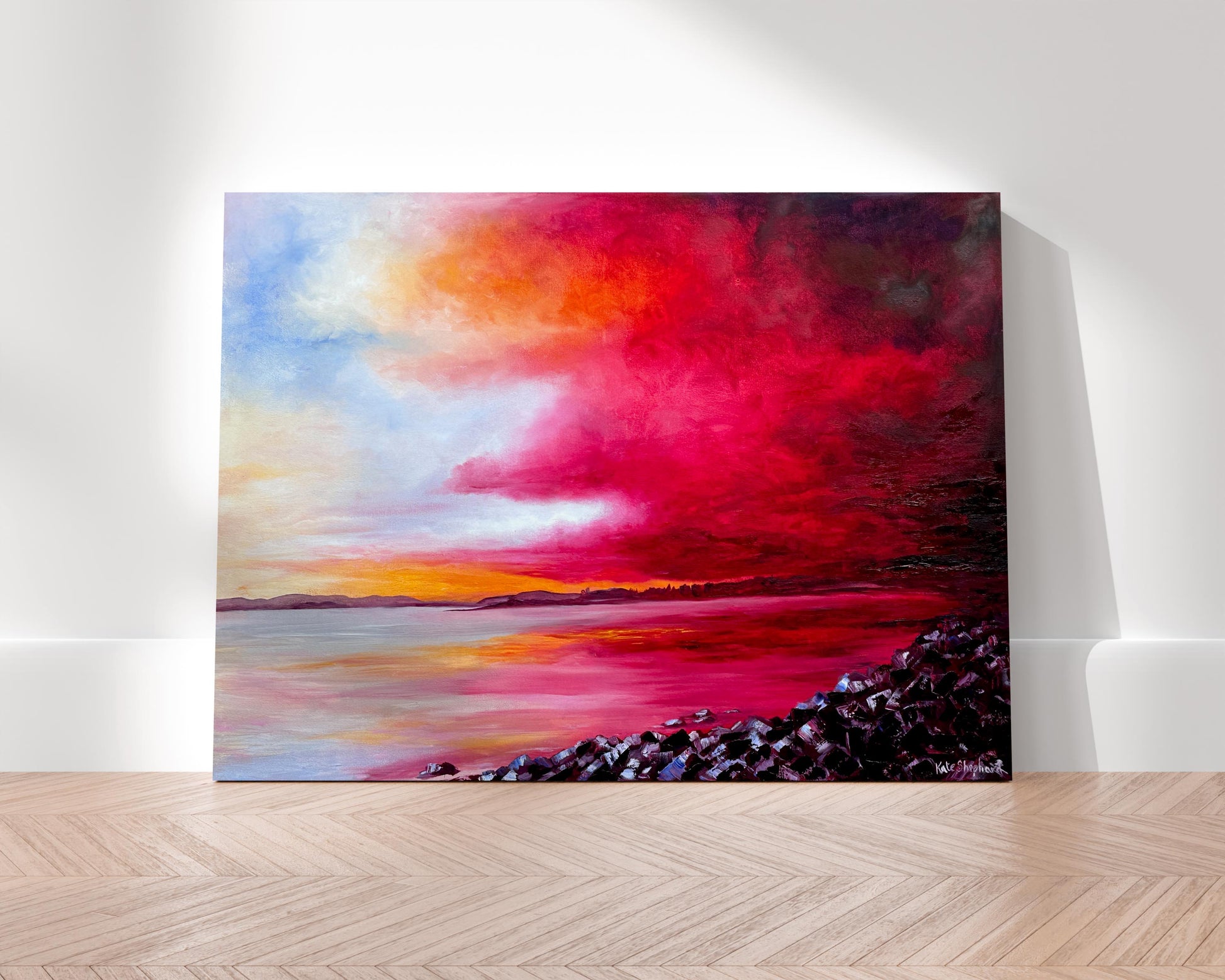 'Breaking Through' - Bold and dramatic original Dorset seascape in oils, with a powerful breaking sky in deep reds and burning orange above a calm, reflective harbour, by Kate Shephard Art.