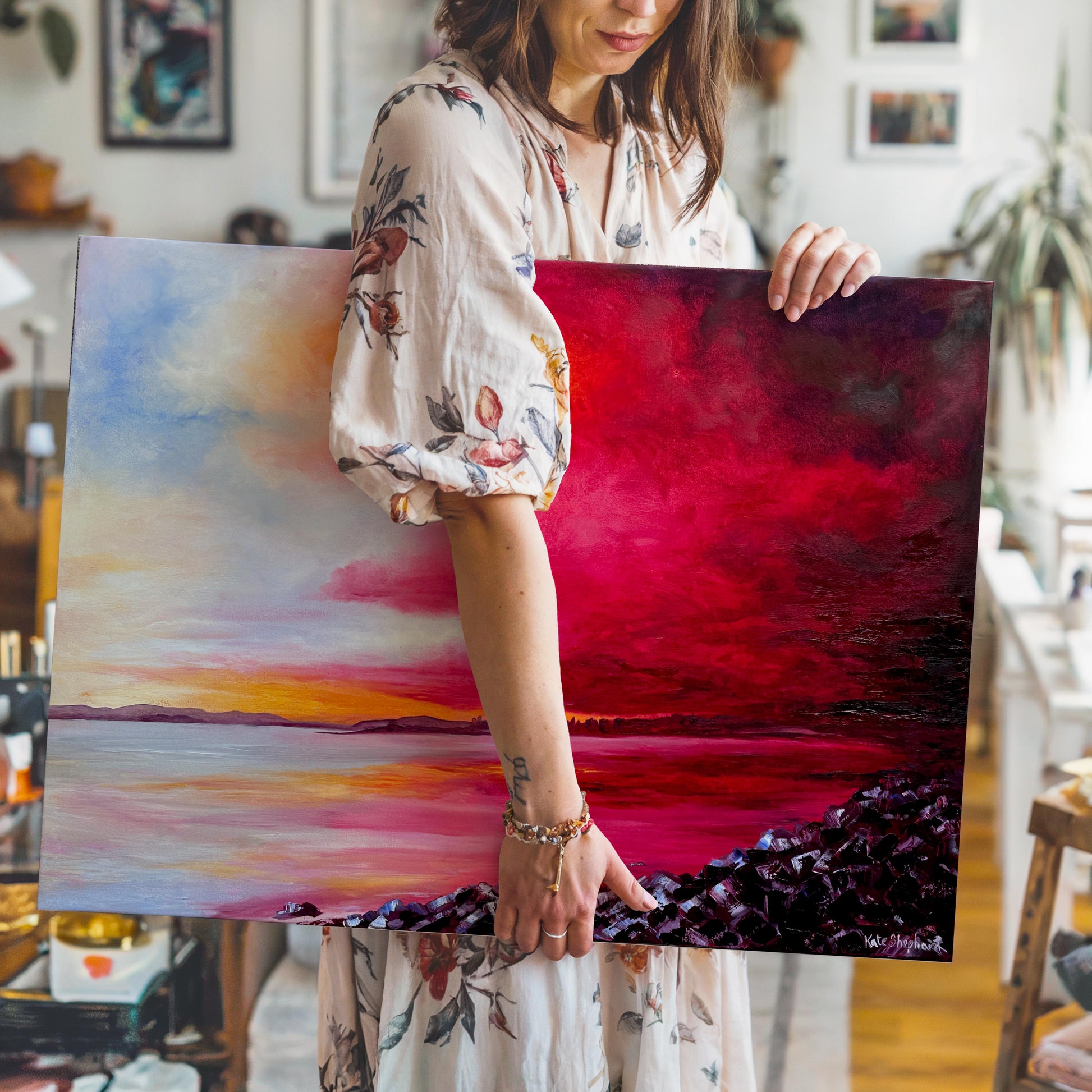 'Breaking Through' - One-of-a-kind original oil painting of Poole Harbour from Whitecliffe Park, with sweeping expressive brushwork and a breathtaking sunset sky in reds, gold and white, by Kate Shephard Art.