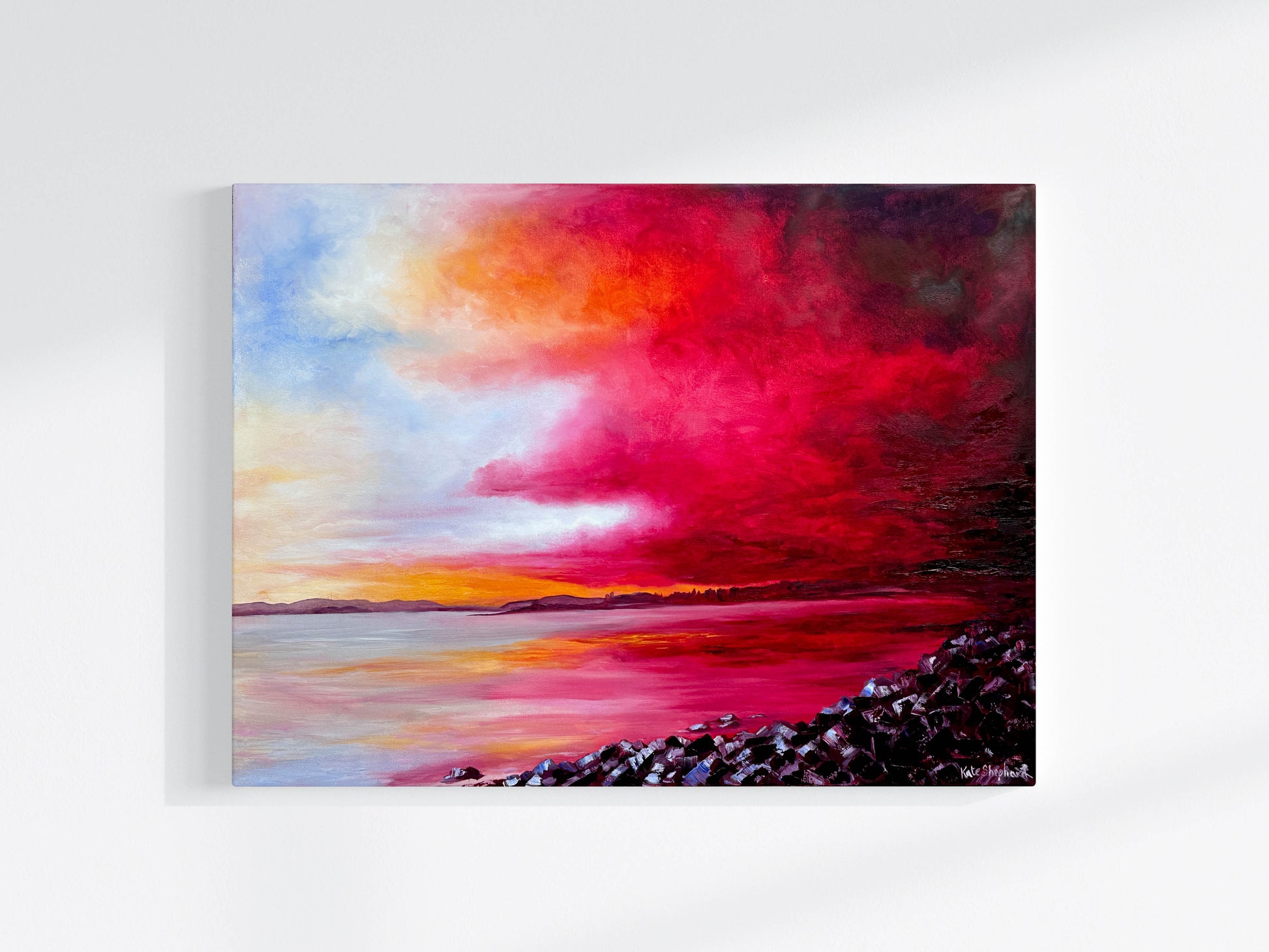 'Breaking Through' - Original oil on canvas depicting a dramatic Dorset coastal sunset, with deep crimson and orange light breaking through storm clouds over a still, reflective harbour, by Kate Shephard Art.