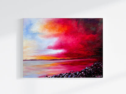 'Breaking Through' - Original oil on canvas depicting a dramatic Dorset coastal sunset, with deep crimson and orange light breaking through storm clouds over a still, reflective harbour, by Kate Shephard Art.