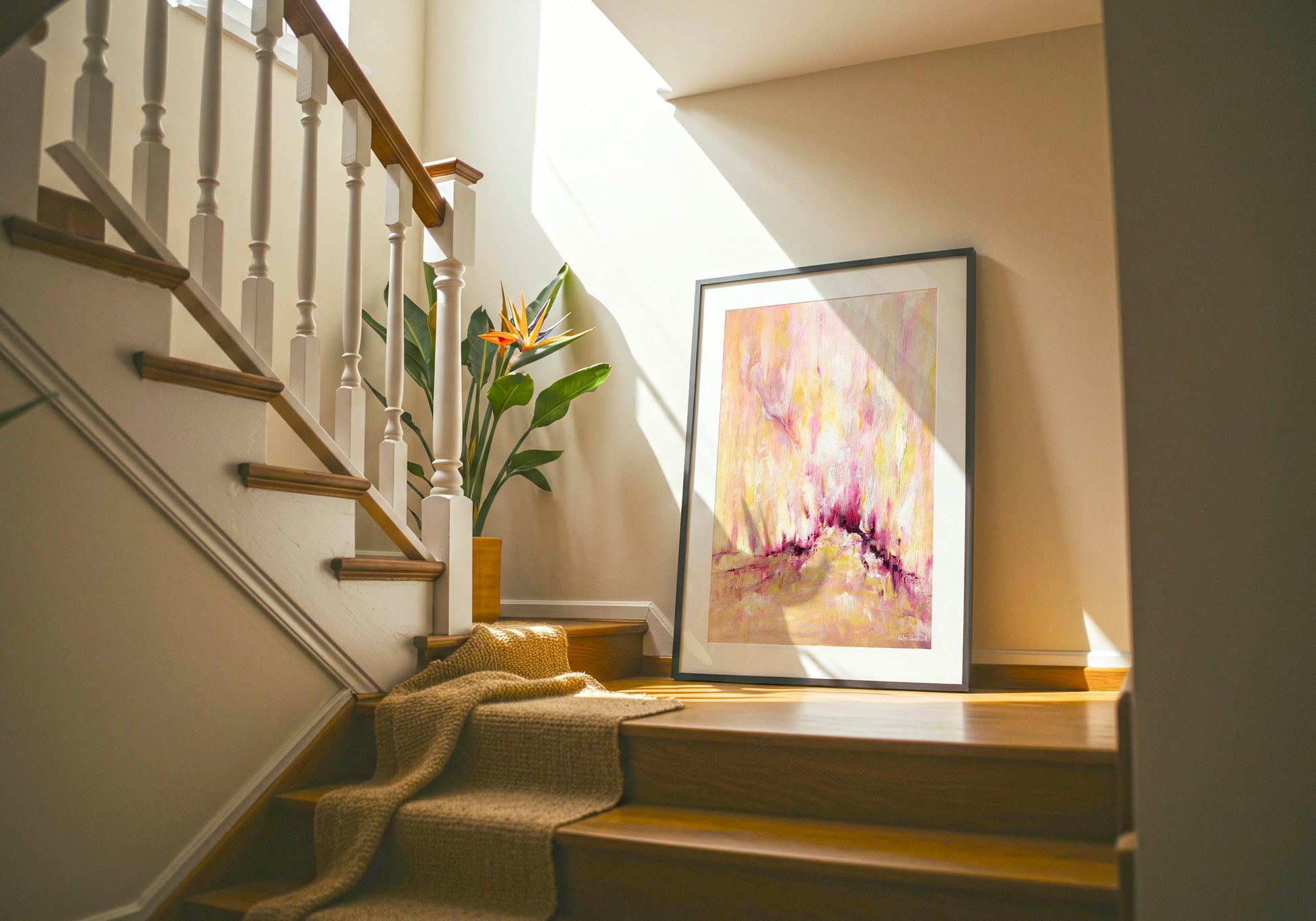 'Rising' - Inspirational art wall decor in warm pink and yellow — colourful abstract fine art print on archival paper with a concentrated pulse of deep burgundy magenta at the centre, by Kate Shephard Art.