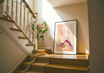 'Rising' - Inspirational art wall decor in warm pink and yellow — colourful abstract fine art print on archival paper with a concentrated pulse of deep burgundy magenta at the centre, by Kate Shephard Art.