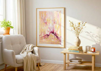 'Rising' - A fine art paper print in warm golden yellow and soft blush pink — colourful abstract art with upward-reaching brushwork and deep magenta, inspirational wall decor for contemporary homes, by Kate Shephard Art.