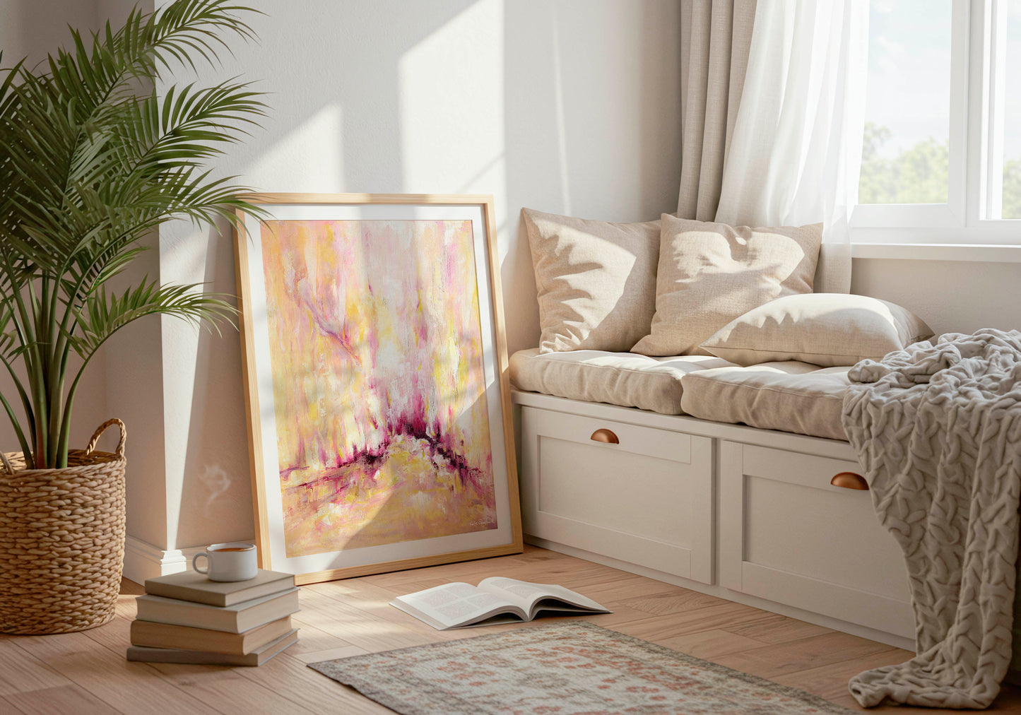 'Rising' - Colourful abstract fine art print with expressive vertical brushwork in warm yellow, blush and deep magenta — inspirational art wall decor printed on luxurious 230gsm archival paper, by Kate Shephard Art.