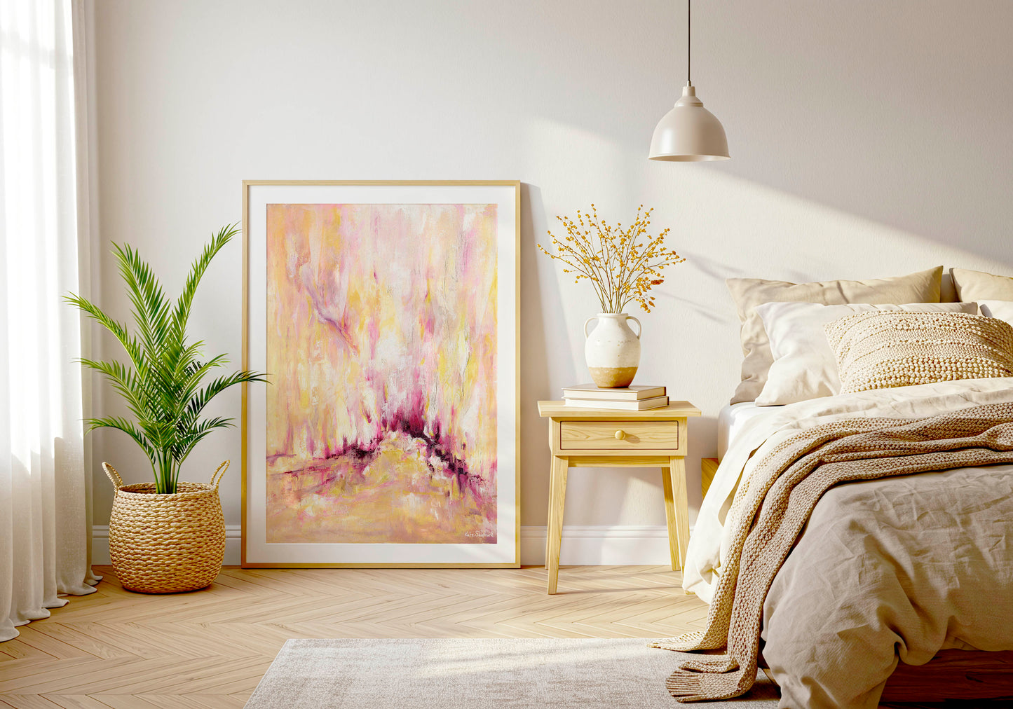 'Rising' - Inspirational art wall decor on fine art paper — colourful abstract art in warm golden tones, soft blush pink and deep burgundy magenta with real upward energy, by Kate Shephard Art.