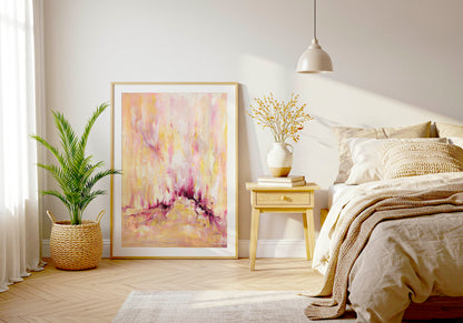 'Rising' - Inspirational art wall decor on fine art paper — colourful abstract art in warm golden tones, soft blush pink and deep burgundy magenta with real upward energy, by Kate Shephard Art.