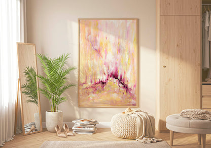 'Rising' - A mounted colourful abstract fine art print in warm pink and yellow tones — inspirational art wall decor with expressive upward brushwork and deep magenta at the centre, by Kate Shephard Art.