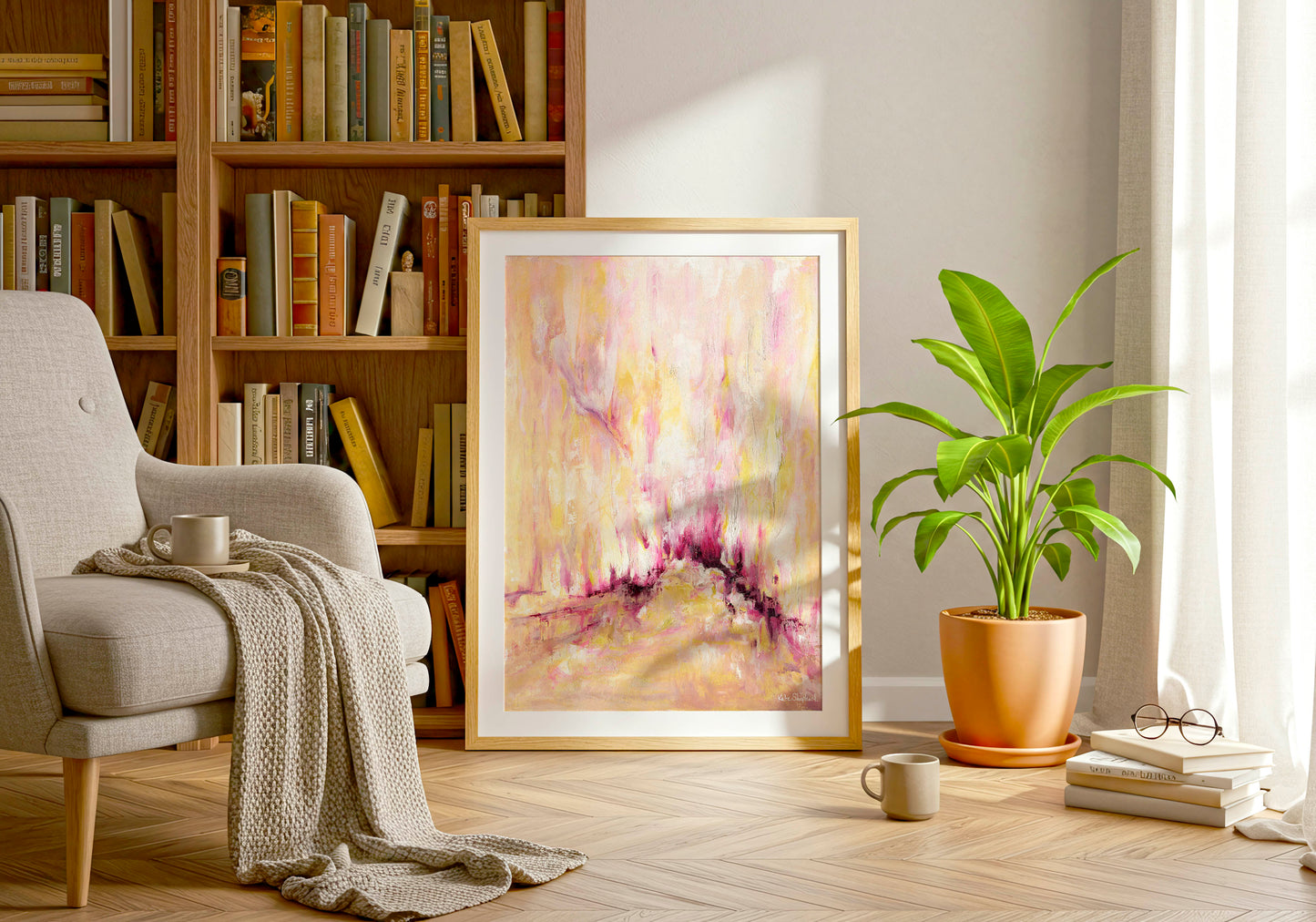 'Rising' - Colourful abstract art print on archival fine art paper in warm yellow, blush pink and deep magenta — inspirational wall decor for bedrooms, living rooms and hallways, by Kate Shephard Art.