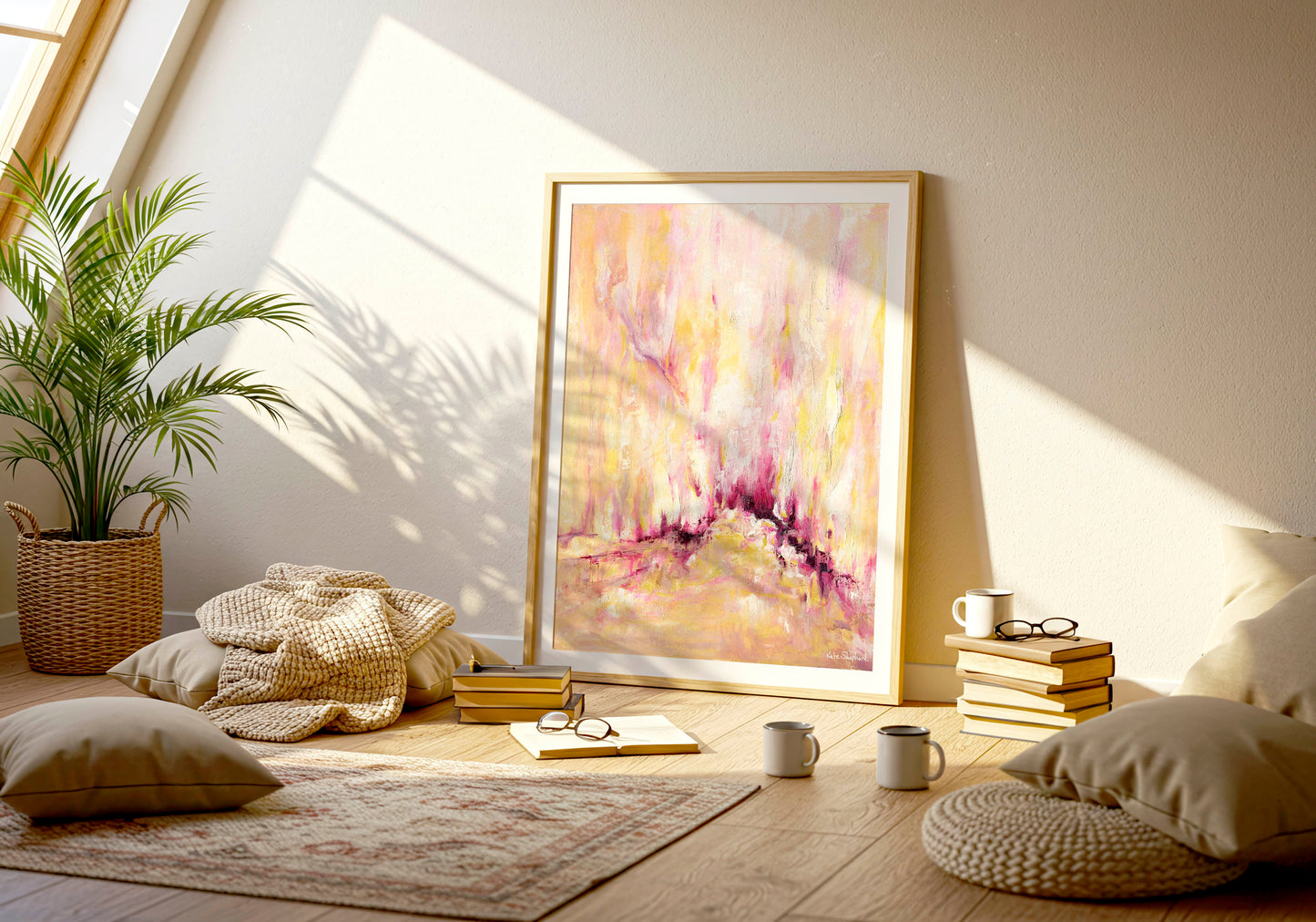 'Rising' - A colourful abstract art print on fine art paper with expressive upward brushwork in warm yellow, blush pink and deep magenta — inspirational wall decor for soulful interiors, by Kate Shephard Art.