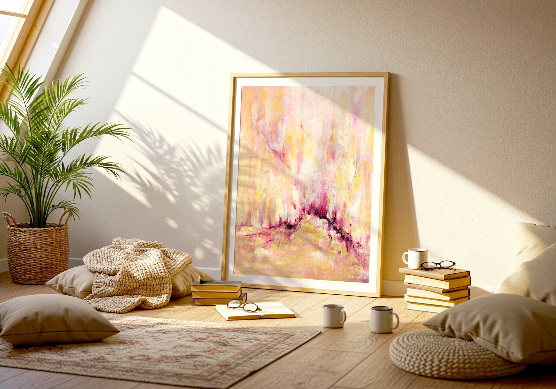 'Rising' - A colourful abstract art print on fine art paper with expressive upward brushwork in warm yellow, blush pink and deep magenta — inspirational wall decor for soulful interiors, by Kate Shephard Art.