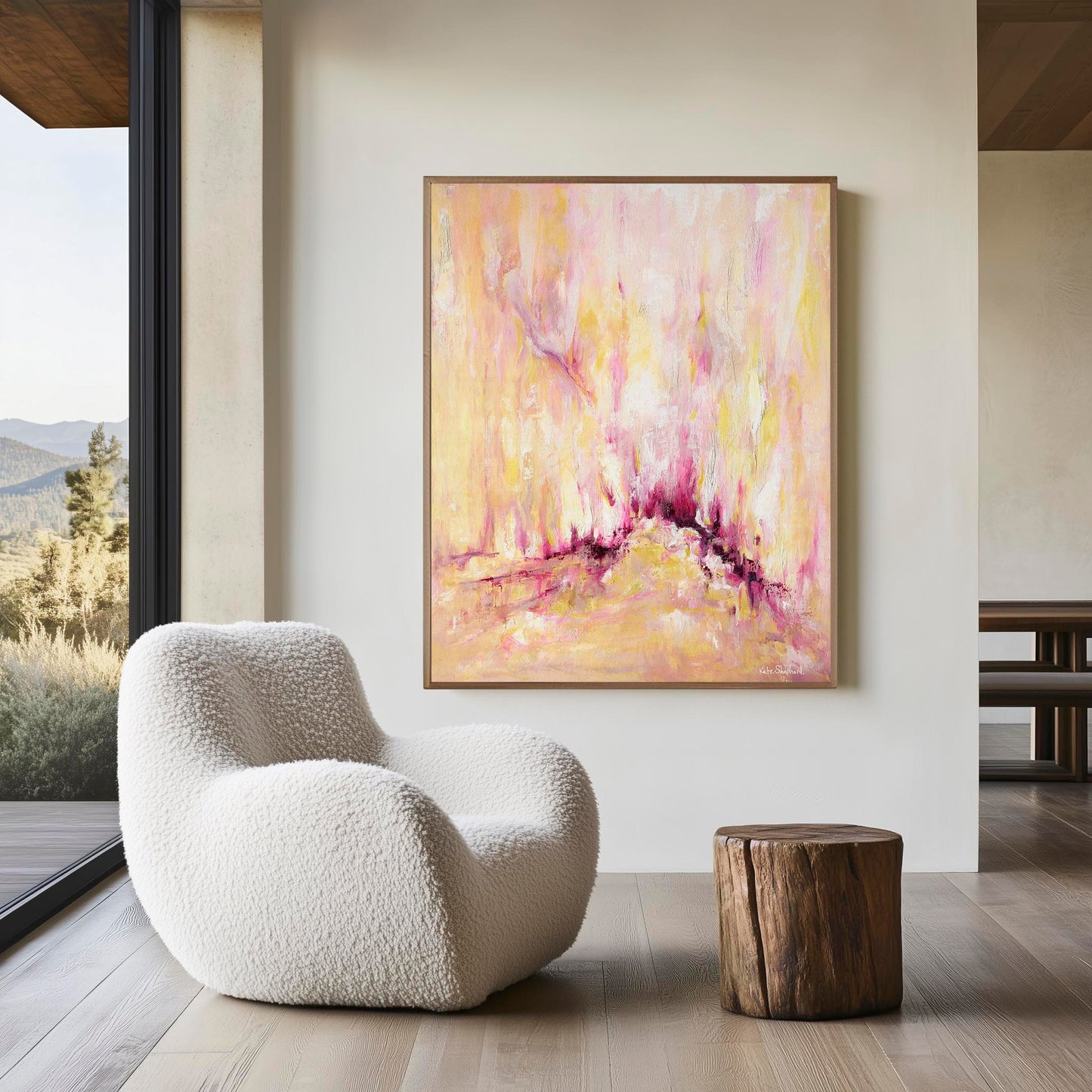 'Rising' - Pink and yellow wall art on canvas, with expressive vertical brushwork in warm golden tones and soft blush pink — inspirational abstract art with real emotional depth and upward energy, by Kate Shephard Art.