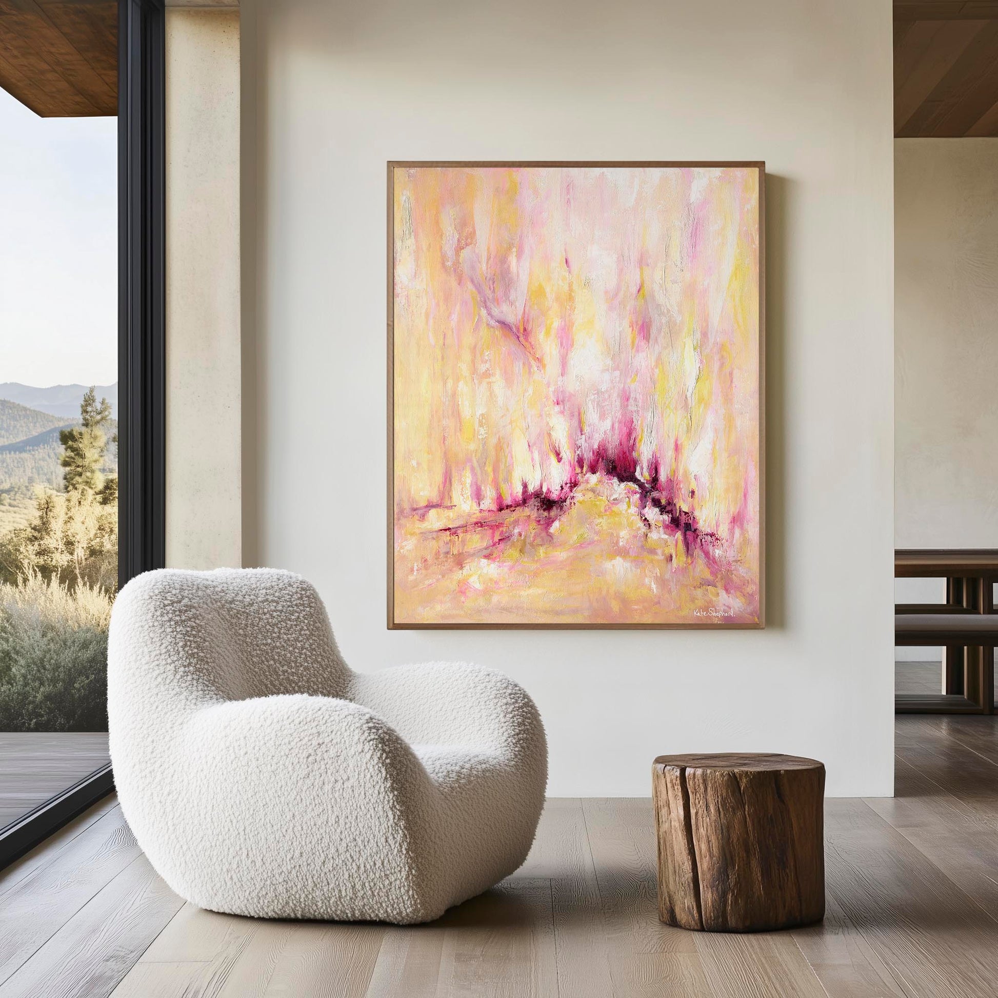'Rising' - Pink and yellow wall art on canvas, with expressive vertical brushwork in warm golden tones and soft blush pink — inspirational abstract art with real emotional depth and upward energy, by Kate Shephard Art.