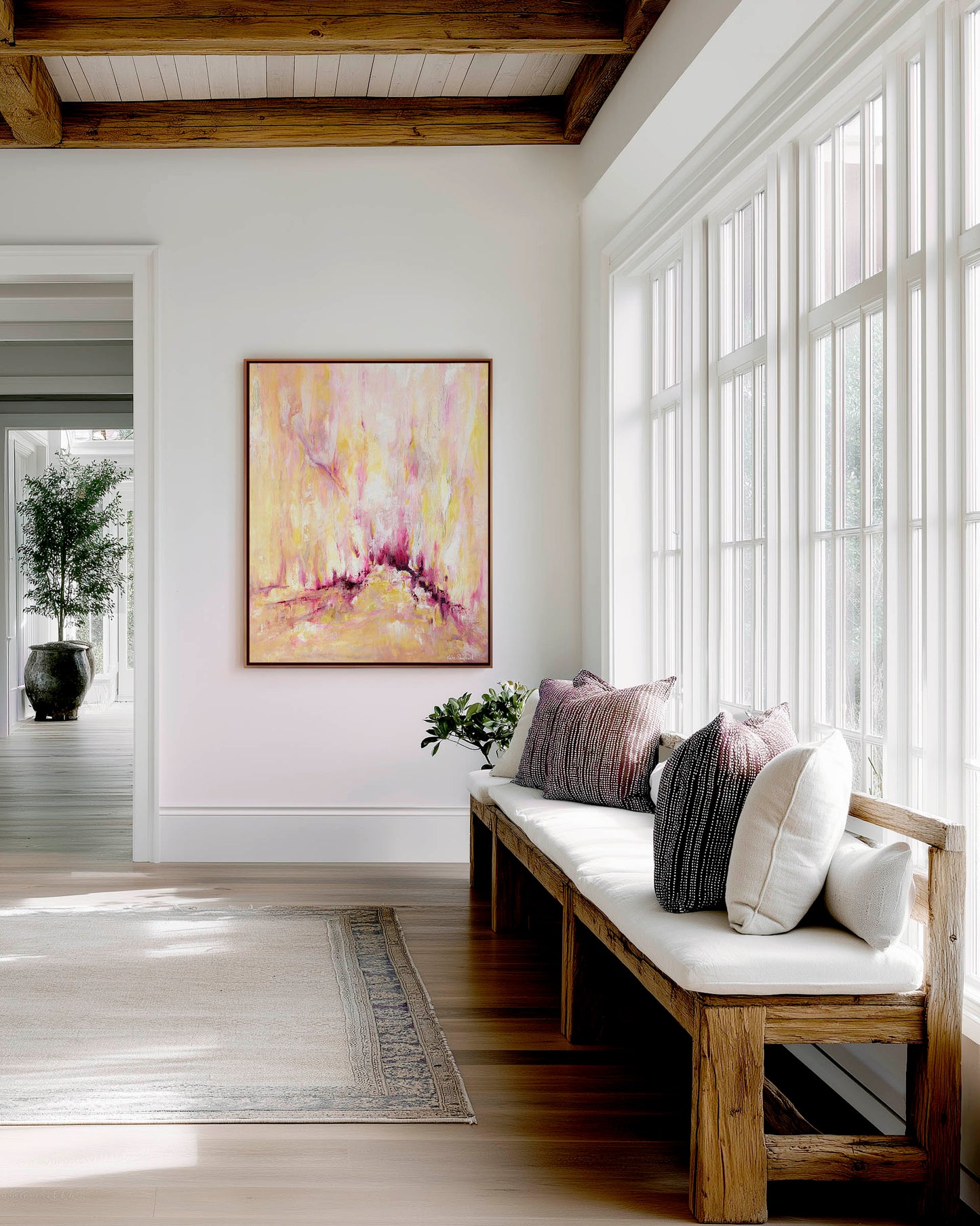 'Rising' - Expressive abstract canvas print in warm yellow, blush pink and deep magenta tones, with vertical brushwork full of upward energy — large inspirational wall art for living rooms and bedrooms, by Kate Shephard Art.