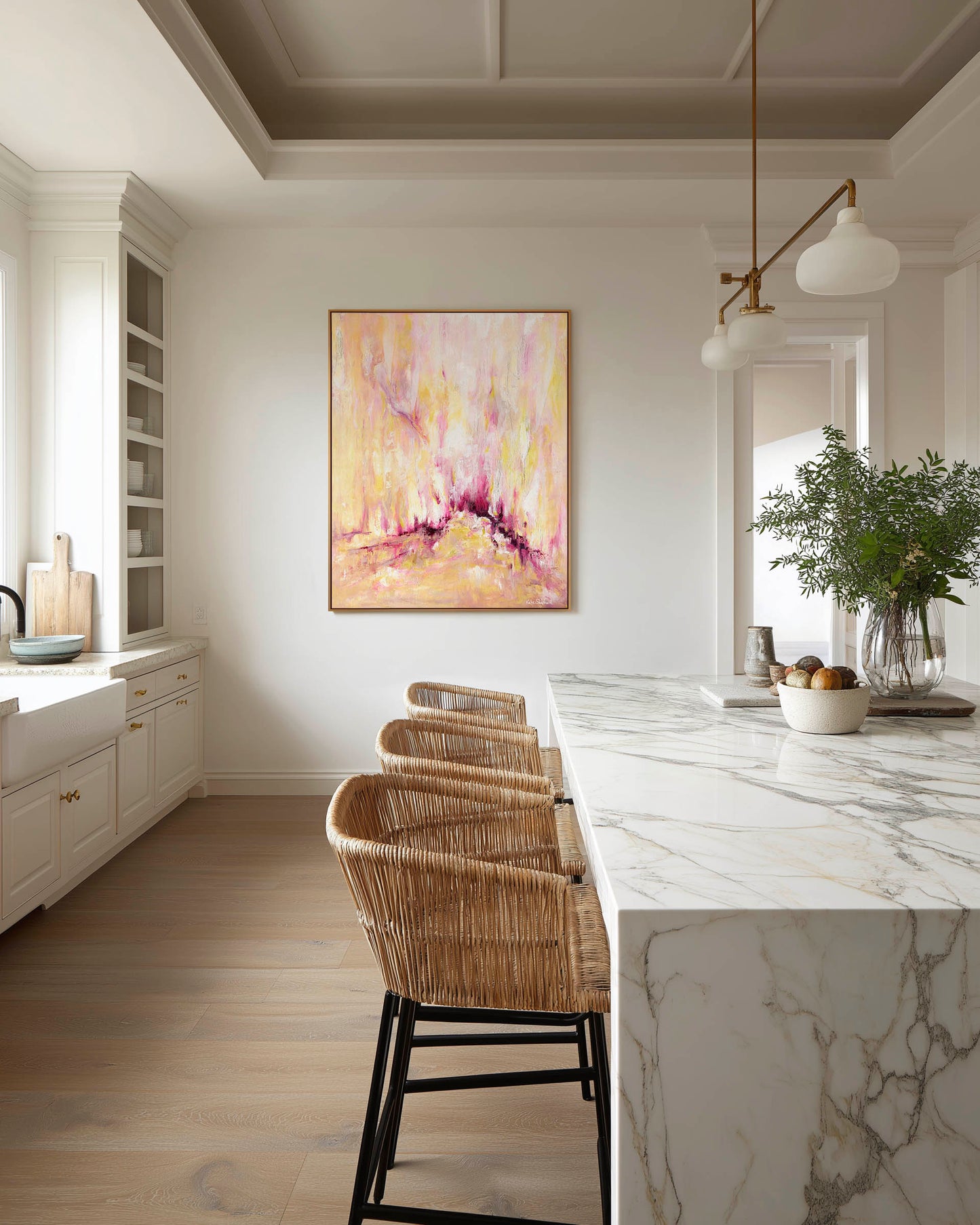 'Rising' - A large pink and yellow abstract art canvas print in warm oils, with a concentrated pulse of deep burgundy magenta at the centre — inspirational wall art for beautiful contemporary interiors, by Kate Shephard Art.