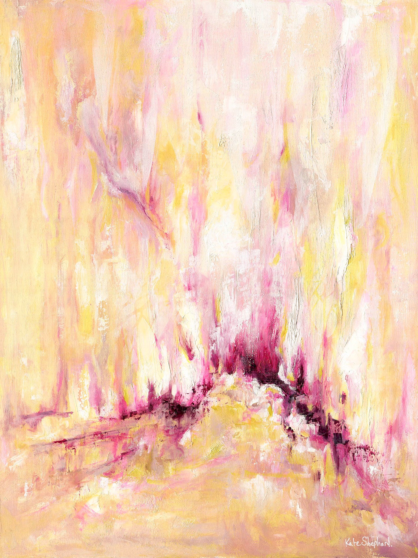'Rising' - A large inspirational abstract art print on paper in warm golden yellow, soft blush pink and deep burgundy magenta — uplifting pink and yellow wall art for living rooms and bedrooms, by Kate Shephard Art.