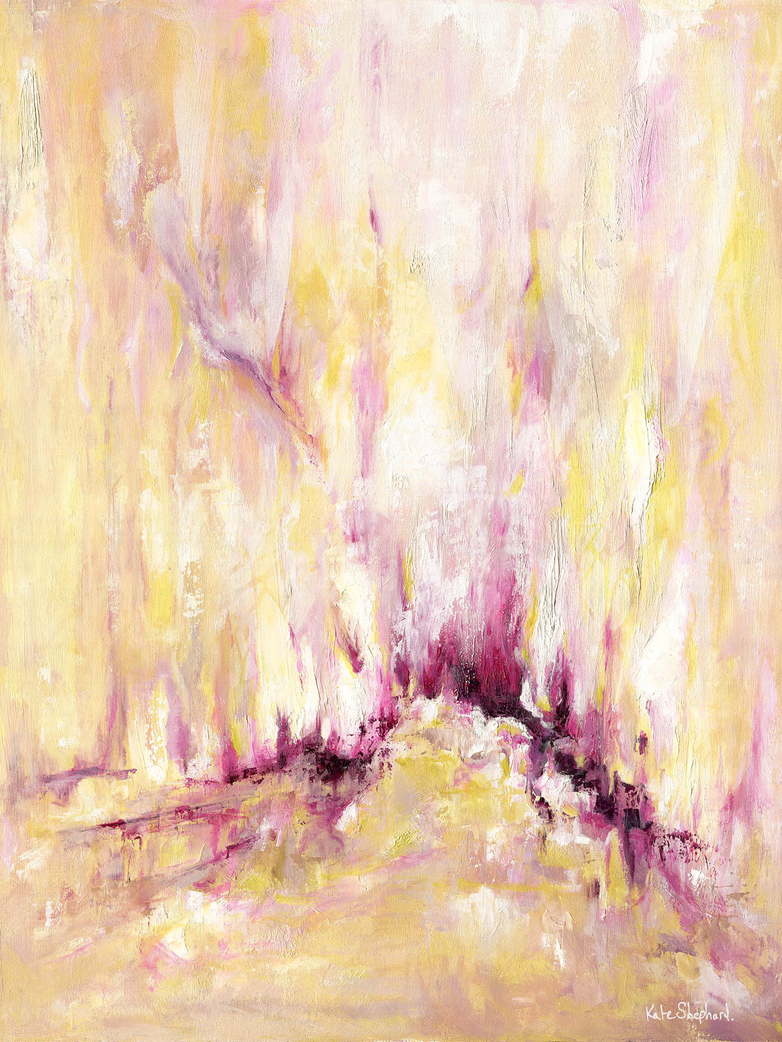'Rising' - A large inspirational abstract art print on paper in warm golden yellow, soft blush pink and deep burgundy magenta — uplifting pink and yellow wall art for living rooms and bedrooms, by Kate Shephard Art.