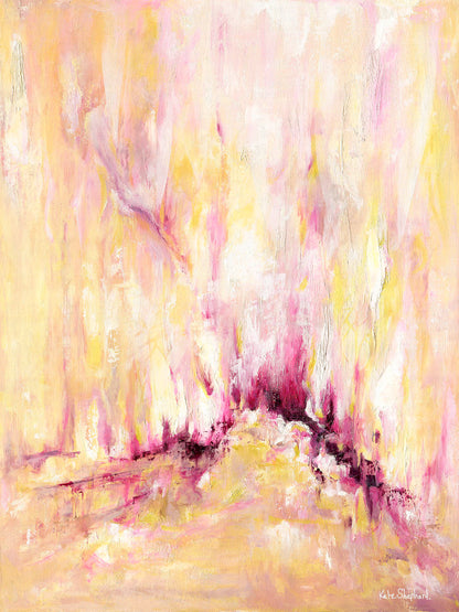 'Rising' - A large inspirational abstract art print on paper in warm golden yellow, soft blush pink and deep burgundy magenta — uplifting pink and yellow wall art for living rooms and bedrooms, by Kate Shephard Art.