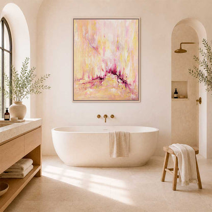 'Rising' - A large inspirational abstract art canvas print in warm pink and yellow tones, with upward-reaching brushwork in blush, gold and deep magenta — beautiful pink and yellow wall art, by Kate Shephard Art.