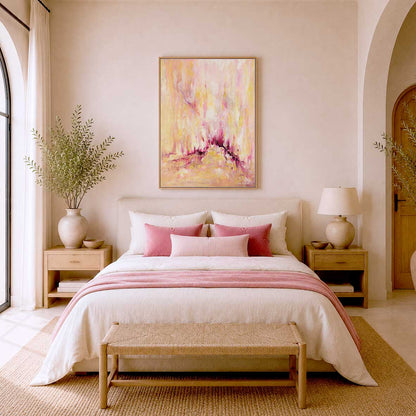 'Rising' - A large inspirational abstract art canvas print in warm pink and yellow tones, with upward-reaching brushwork in blush, gold and deep magenta — beautiful pink and yellow wall art, by Kate Shephard Art.