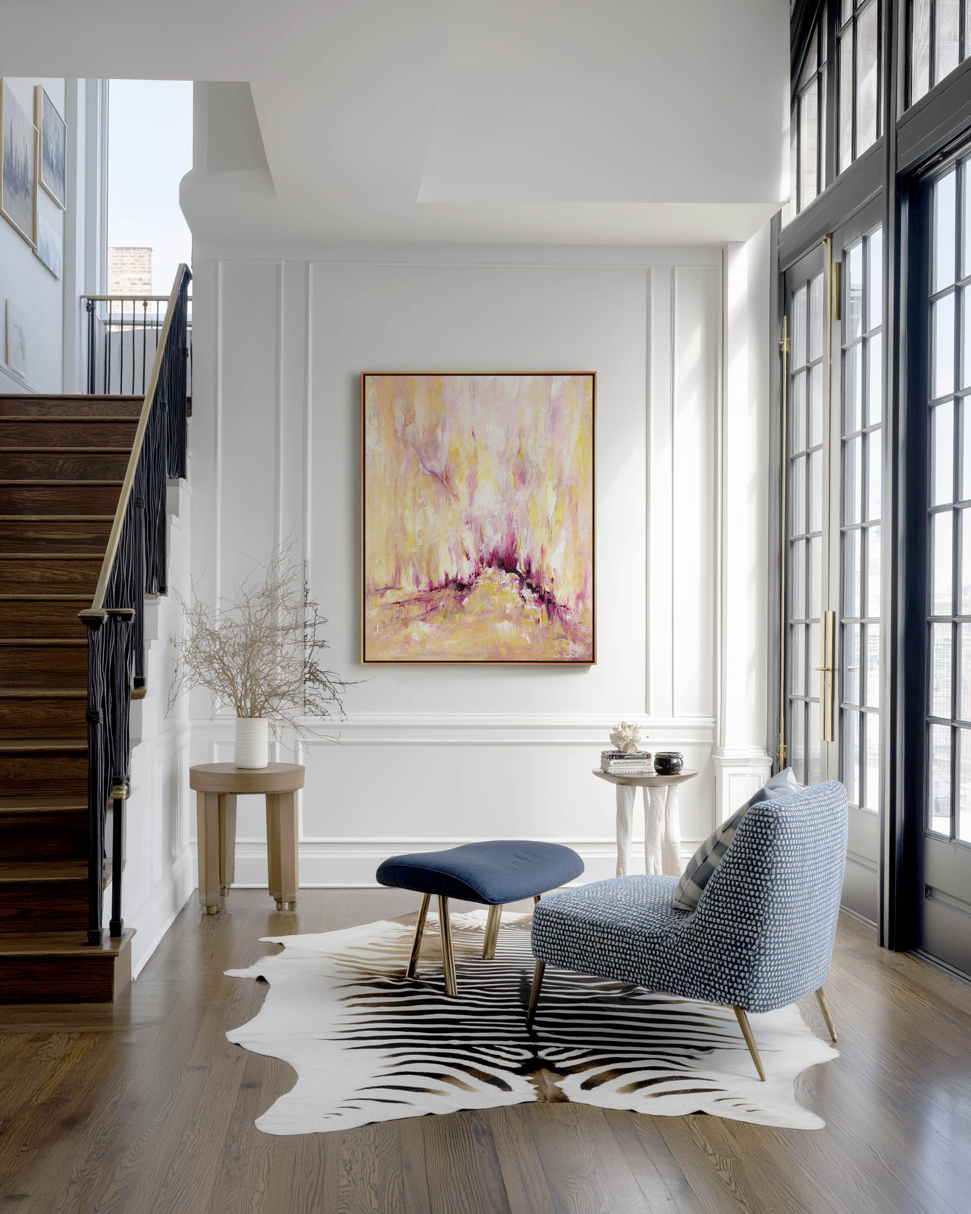 'Rising' - Large abstract art canvas print in warm yellows, blush pink and deep burgundy magenta — inspirational pink and yellow wall art for living rooms and bedrooms, by Kate Shephard Art.