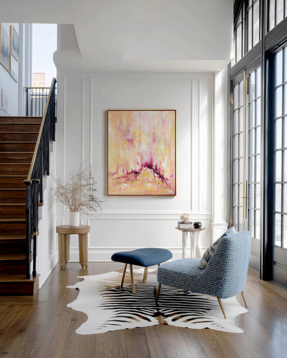 'Rising' - Large abstract art canvas print in warm yellows, blush pink and deep burgundy magenta — inspirational pink and yellow wall art for living rooms and bedrooms, by Kate Shephard Art.