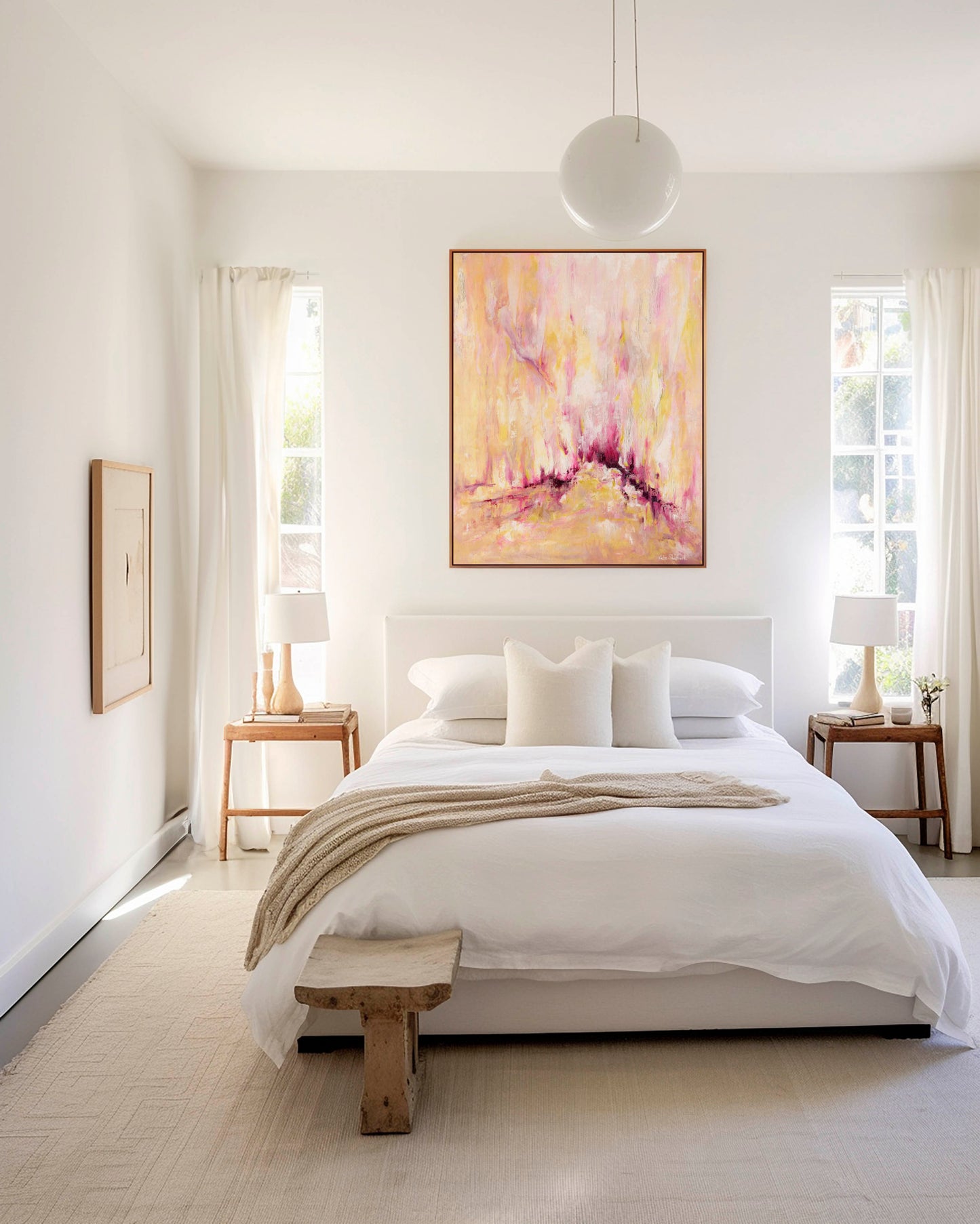 'Rising' - Pink and yellow abstract art canvas print styled in a light neutral interior — large inspirational wall art in warm blush, gold and deep magenta tones, by Kate Shephard Art.