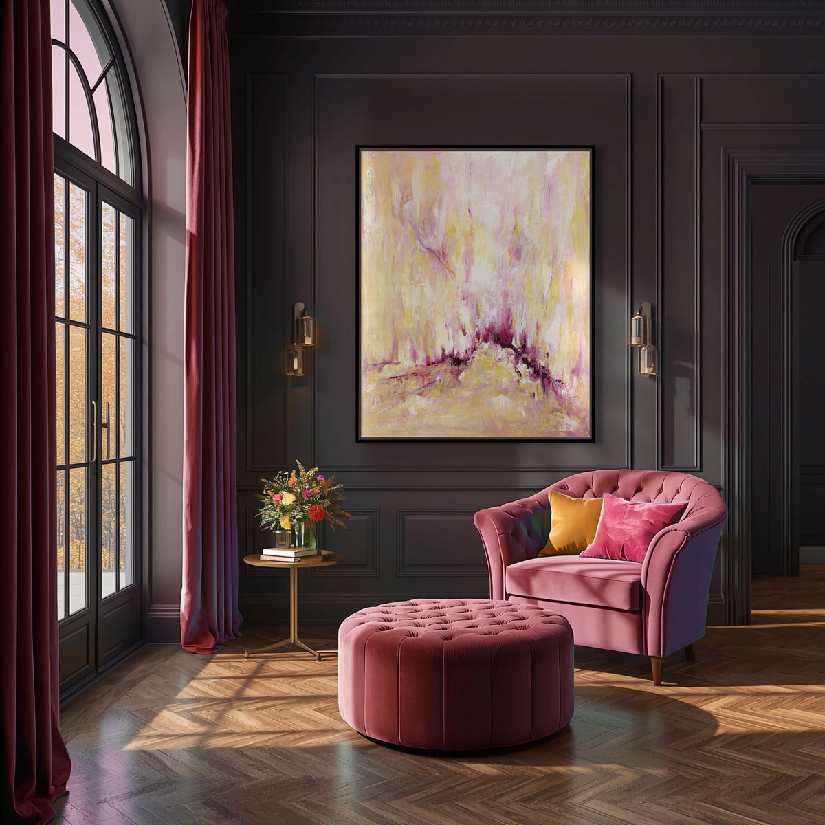 'Rising' - Large canvas print of expressive abstract art in warm pink and yellow oils, with a concentrated pulse of deep burgundy magenta at the centre — uplifting inspirational wall art, by Kate Shephard Art.
