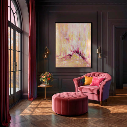 'Rising' - Large canvas print of expressive abstract art in warm pink and yellow oils, with a concentrated pulse of deep burgundy magenta at the centre — uplifting inspirational wall art, by Kate Shephard Art.