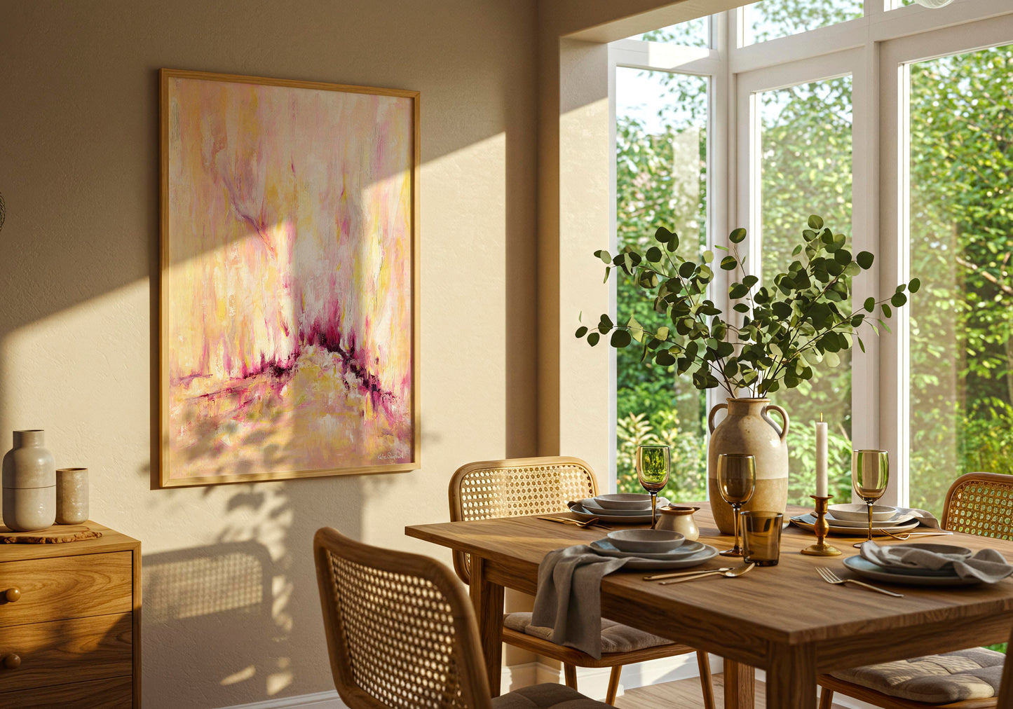 Rising art print displayed in a sunny dining room