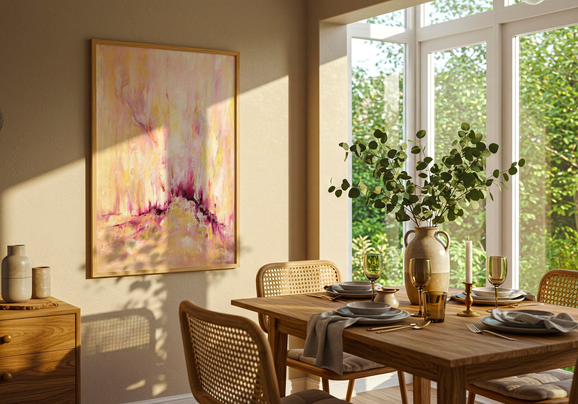 Rising art print displayed in a sunny dining room