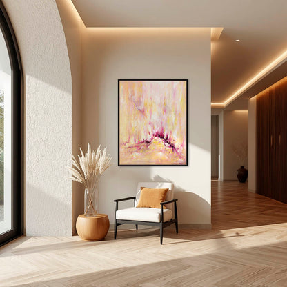 'Rising' - Large inspirational abstract art canvas print in warm golden tones, soft blush pink and deep magenta — expressive pink and yellow wall art with real upward energy and emotional depth, by Kate Shephard Art.