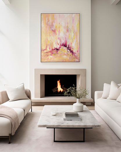 'Rising' - A large inspirational abstract art canvas print with upward-reaching brushwork in warm golden yellow, soft blush pink and deep burgundy magenta — meaningful pink and yellow wall art for soulful homes, by Kate Shephard Art.