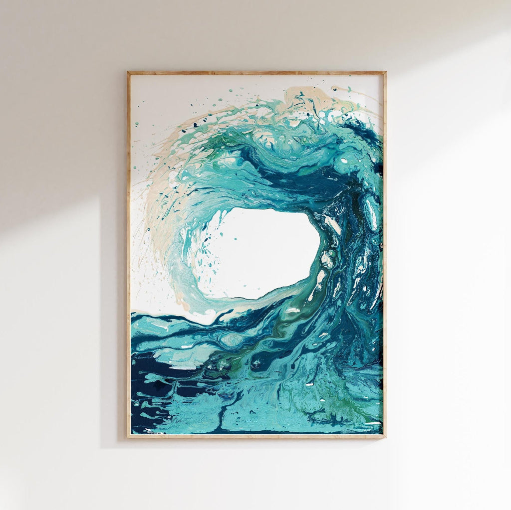'Sandbanks Wave' - abstract turquoise wave painting on fine art paper, coastal wall art for the home by Kate Shephard Art.
