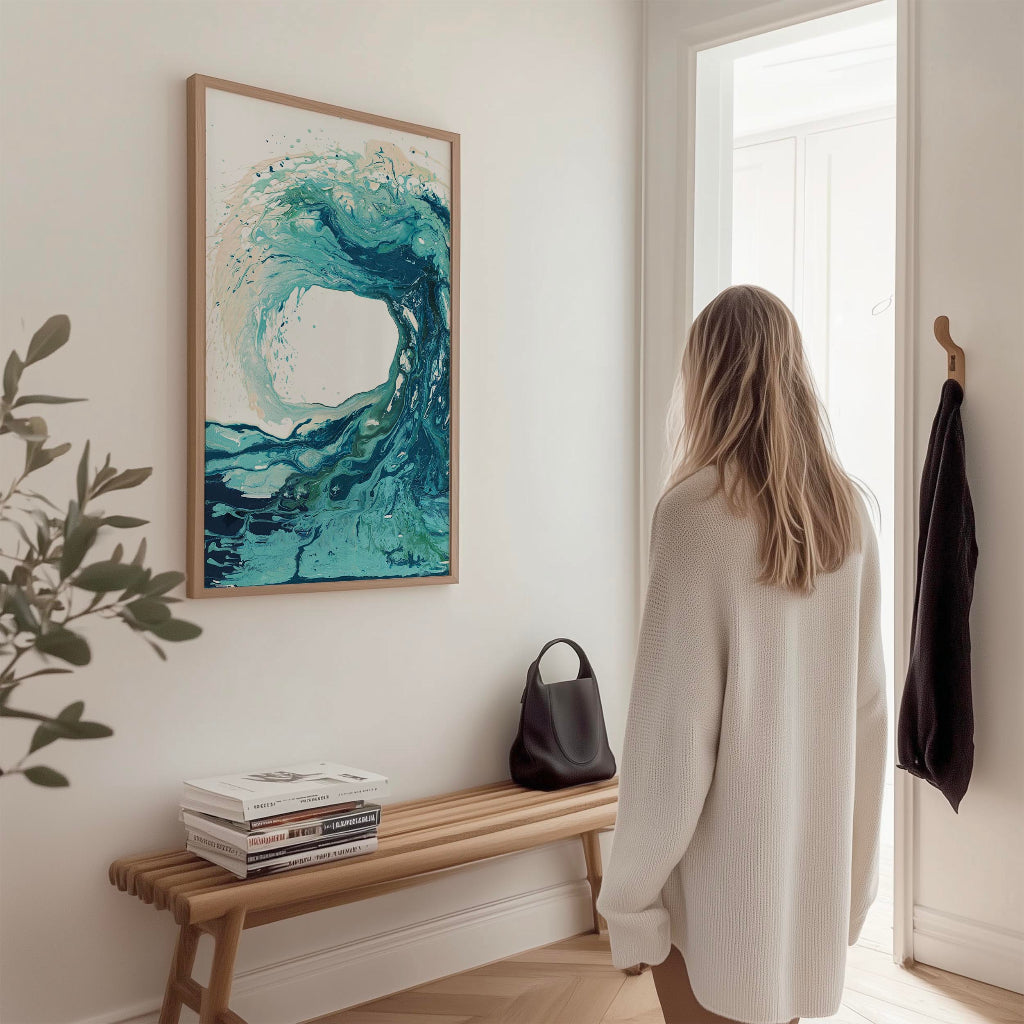 'Sandbanks Wave' - coastal abstract wave painting, fine art paper print in turquoise and deep navy by Kate Shephard Art.