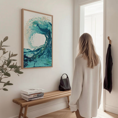 'Sandbanks Wave' - coastal abstract wave painting, fine art paper print in turquoise and deep navy by Kate Shephard Art.