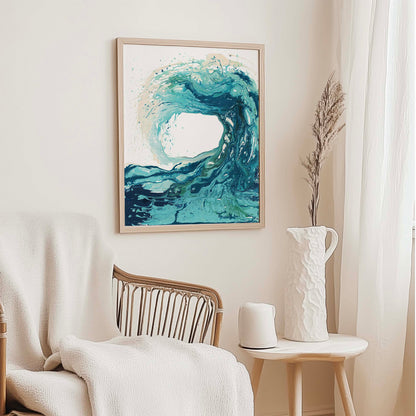 'Sandbanks Wave' - turquoise wall art print, abstract wave painting on premium giclée paper by Kate Shephard Art.
