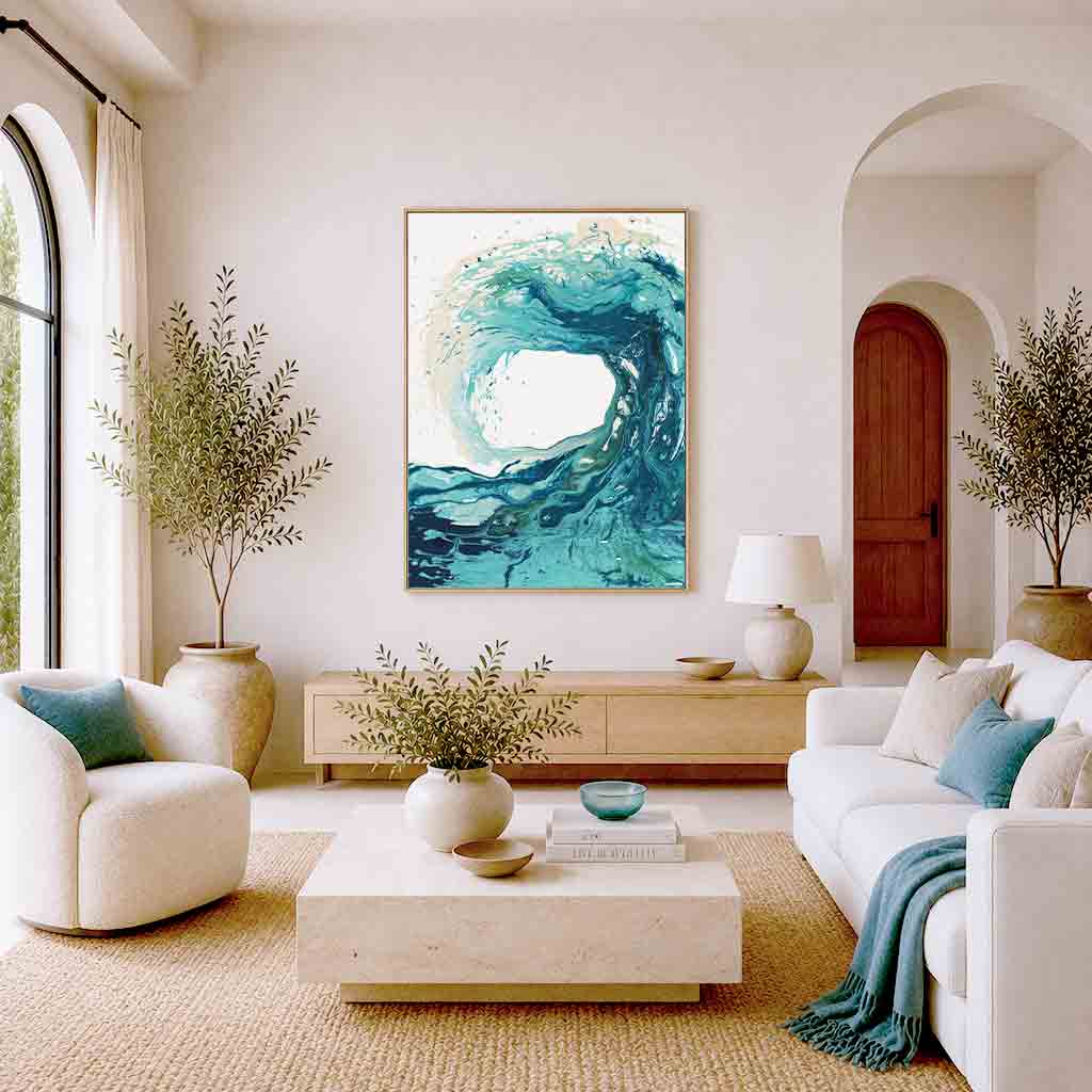 'Sandbanks Wave' - blue and turquoise wave canvas print for coastal living room wall decor.