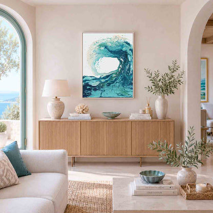 'Sandbanks Wave' - abstract ocean art with dynamic swirling movement in teal and navy.
