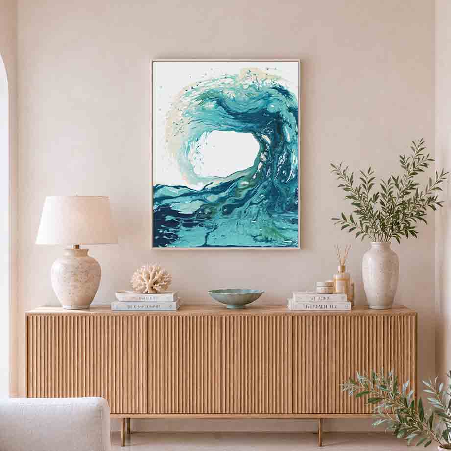 'Sandbanks Wave' - hand-painted coastal canvas print with turquoise, teal and deep navy ocean colours.