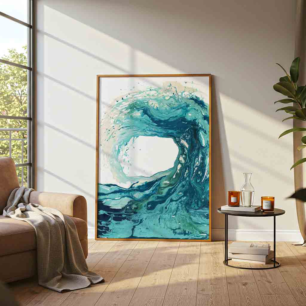 'Sandbanks Wave' - turquoise wall art, abstract wave painting on fine art paper for coastal interiors by Kate Shephard Art.
