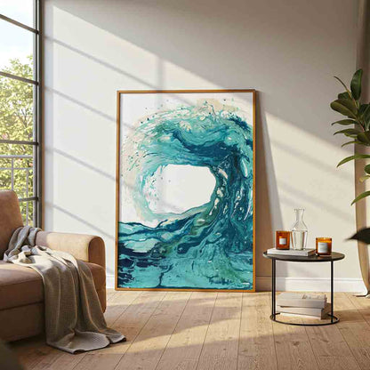 'Sandbanks Wave' - turquoise wall art, abstract wave painting on fine art paper for coastal interiors by Kate Shephard Art.